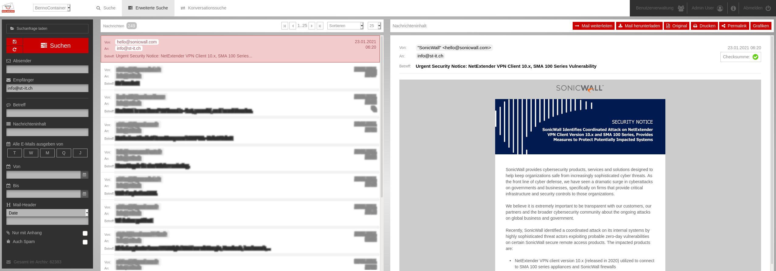 Web-Interface von Benno MailArchiv